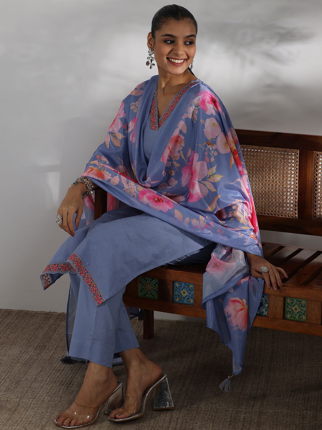 Libas Women Floral Embroidered Regular Thread Work Pure Cotton Kurta with Trousers & With Dupatta