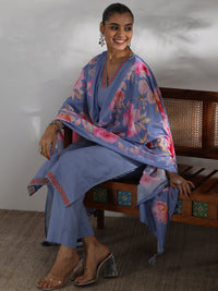 Libas Women Floral Embroidered Regular Thread Work Pure Cotton Kurta with Trousers & With Dupatta