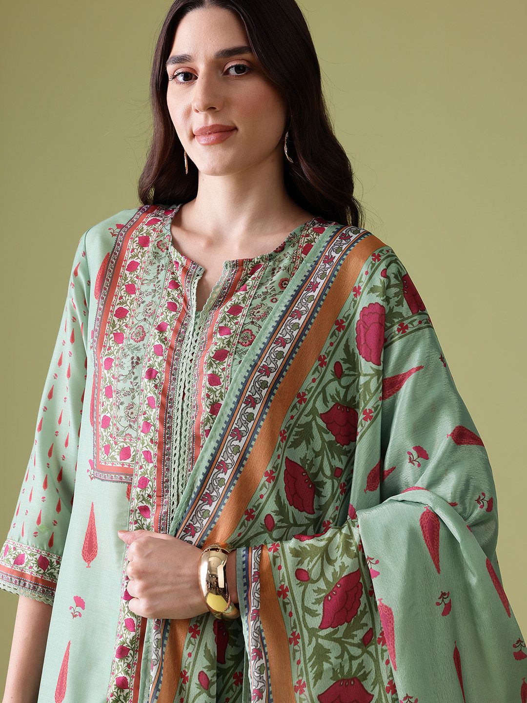 Anouk Floral Printed Pure Cotton Kurta With Trousers & Dupatta