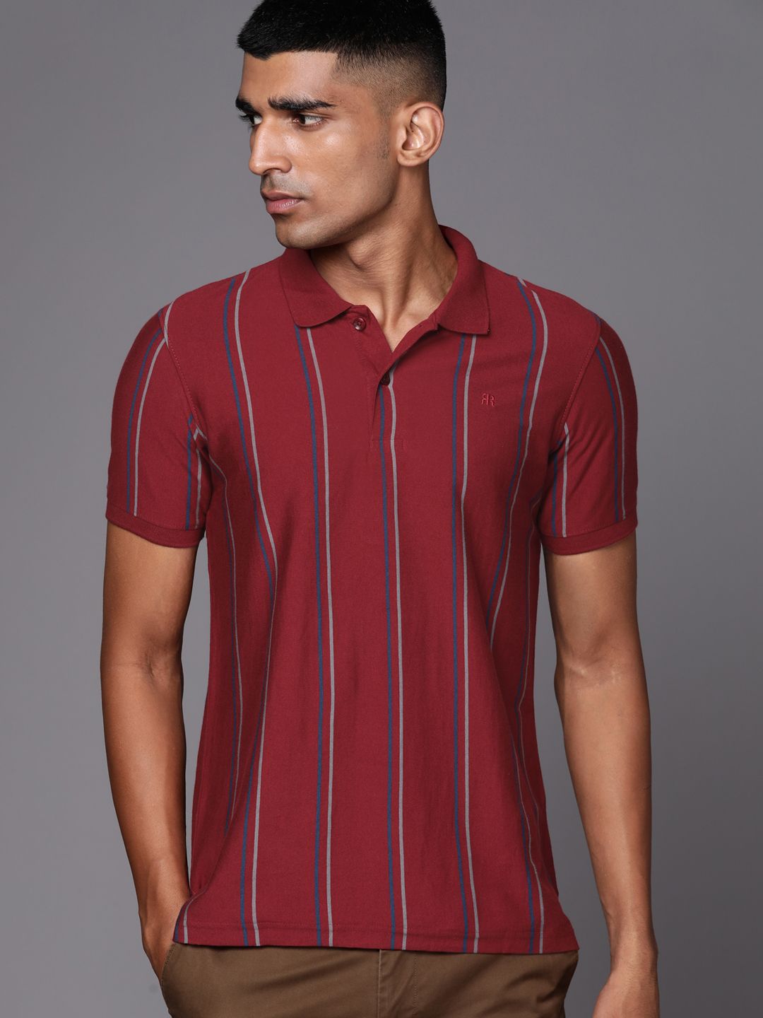 Raymond Men Maroon & Navy Blue Striped Polo Collar Pure Cotton T-shirt