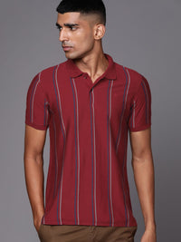 Raymond Men Maroon & Navy Blue Striped Polo Collar Pure Cotton T-shirt