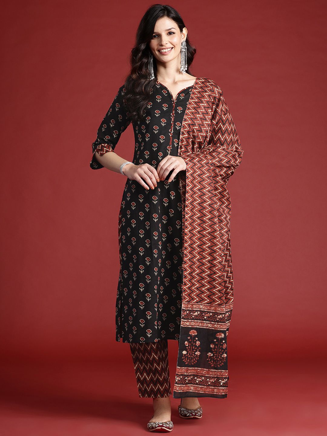 Indo Era Ethnic Motifs Printed Pure Cotton Kurta With Trousers & Dupatta