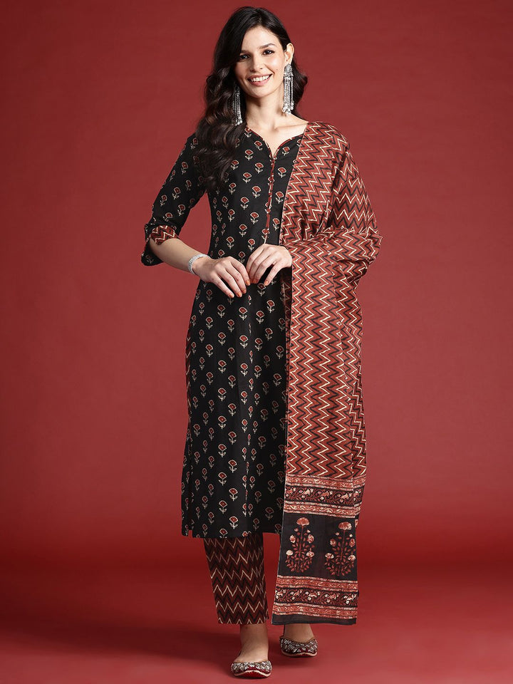 Indo Era Ethnic Motifs Printed Pure Cotton Kurta With Trousers & Dupatta
