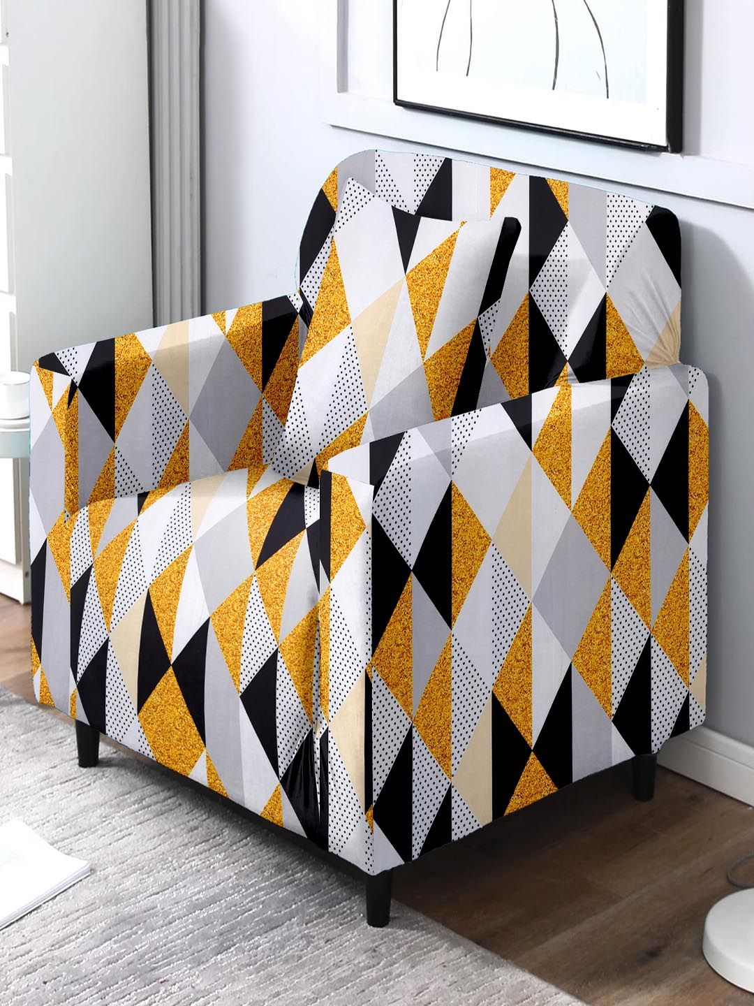 Cortina White & Yellow Geometric Printed 1 Seater Sofa Cover