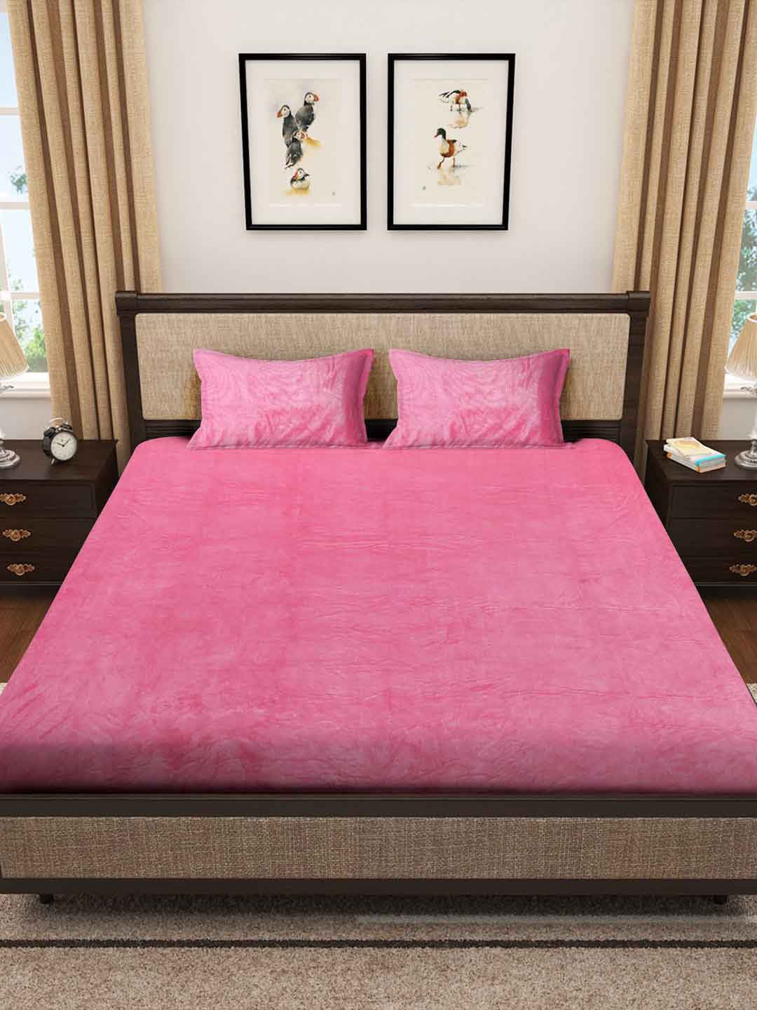 KLOTTHE Pink 300 TC Woolen Double Bed Sheet With 2 Pillow Covers