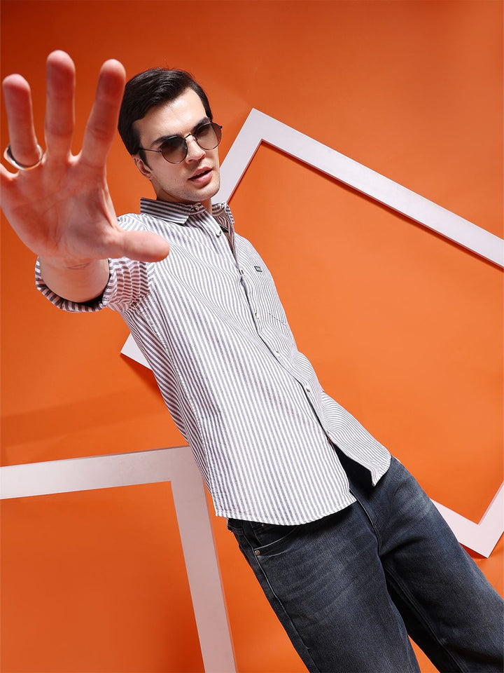 The Indian Garage Co Men Black Slim Fit Multi Stripes Striped Casual Shirt