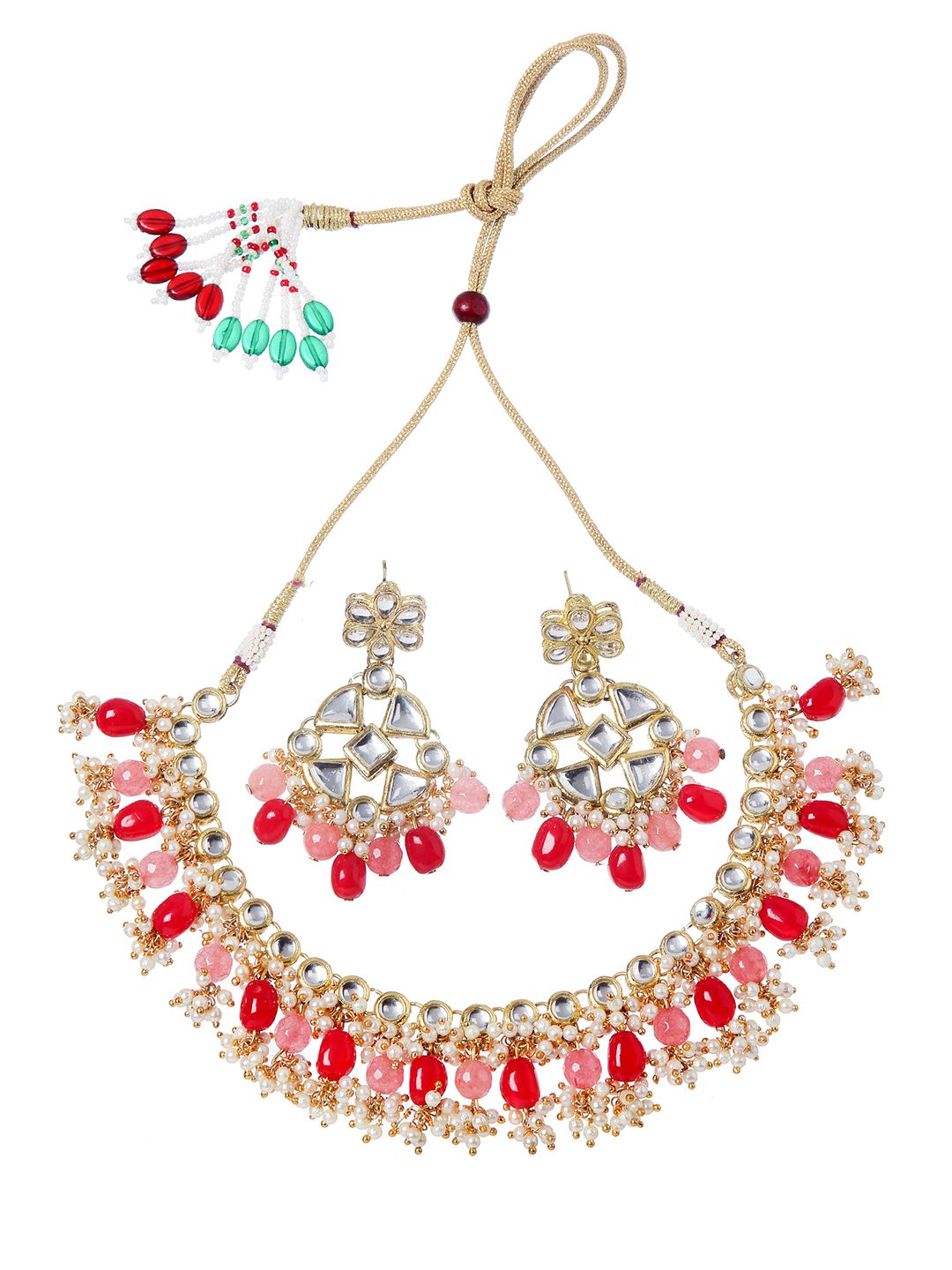 KARATCART Gold-Plated White & Red Kundan-Studded & Pearl Beaded Handcrafted Jewellery Set