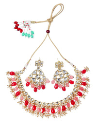KARATCART Gold-Plated White & Red Kundan-Studded & Pearl Beaded Handcrafted Jewellery Set