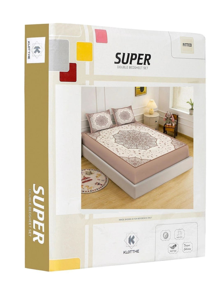 KLOTTHE Cream-Coloured & Brown Floral 400 TC King Bedsheet with 2 Pillow Covers