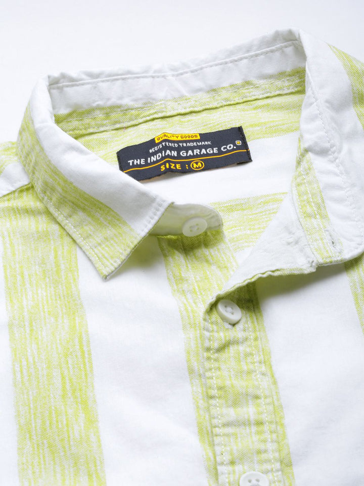 The Indian Garage Co Men White & Green Striped Pure Cotton Casual Shirt