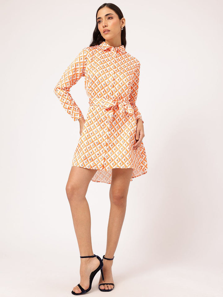 DressBerry Classy & Cool Geometric Printed Belted Mini Shirt Dress