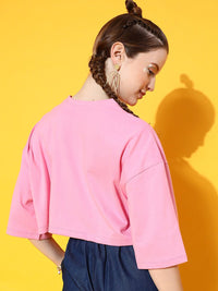 STREET 9 Women Pink Typography Printed Bio Finish Pure Cotton Boxy Crop T-shirt