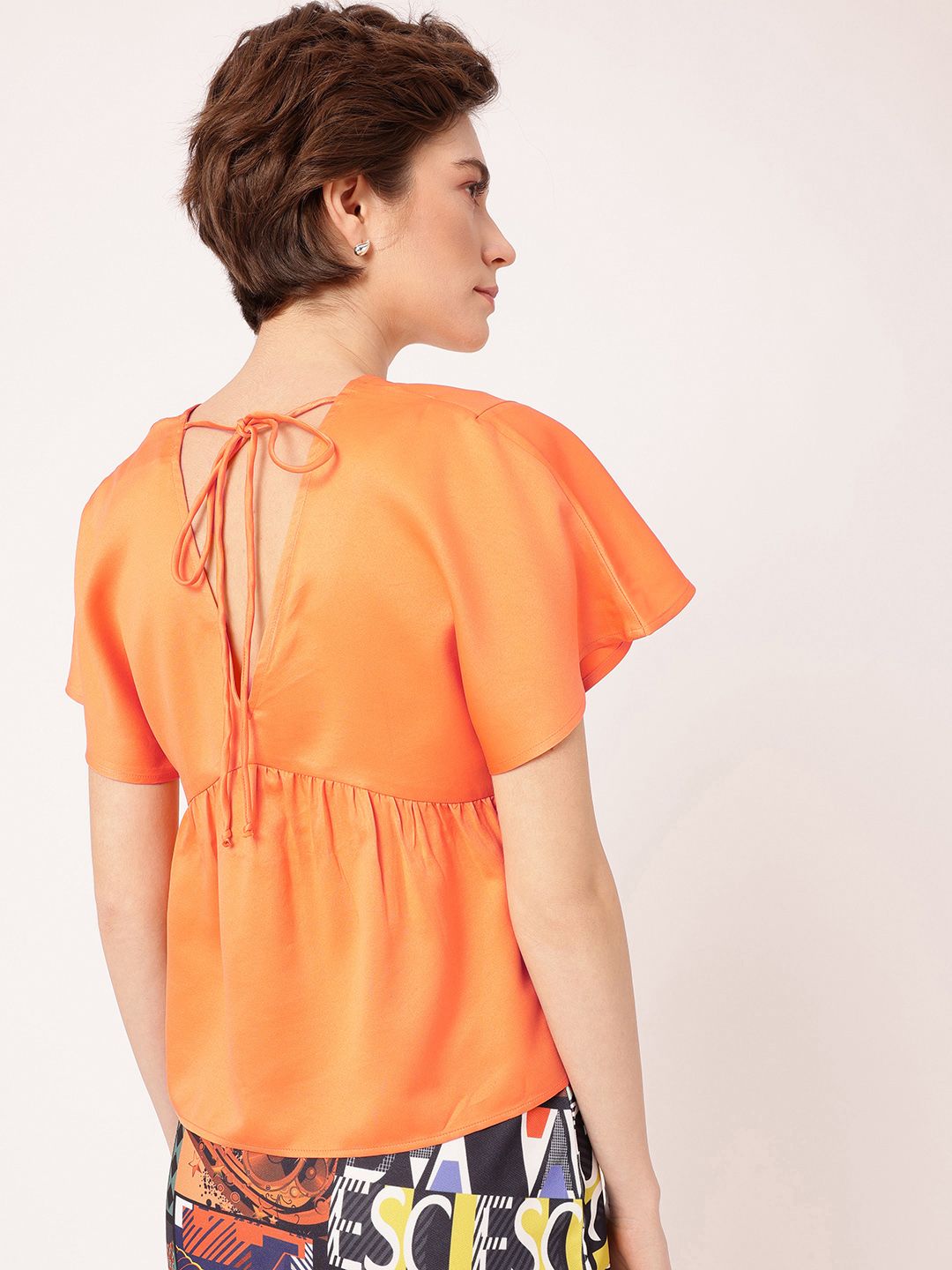DressBerry Cute Chic Gathers Flutter Sleeve Back Tie-Up A-Line Top
