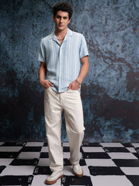 LOCOMOTIVE Premium Mock Lino Dobby Textured Striper Camp Collar Shirt