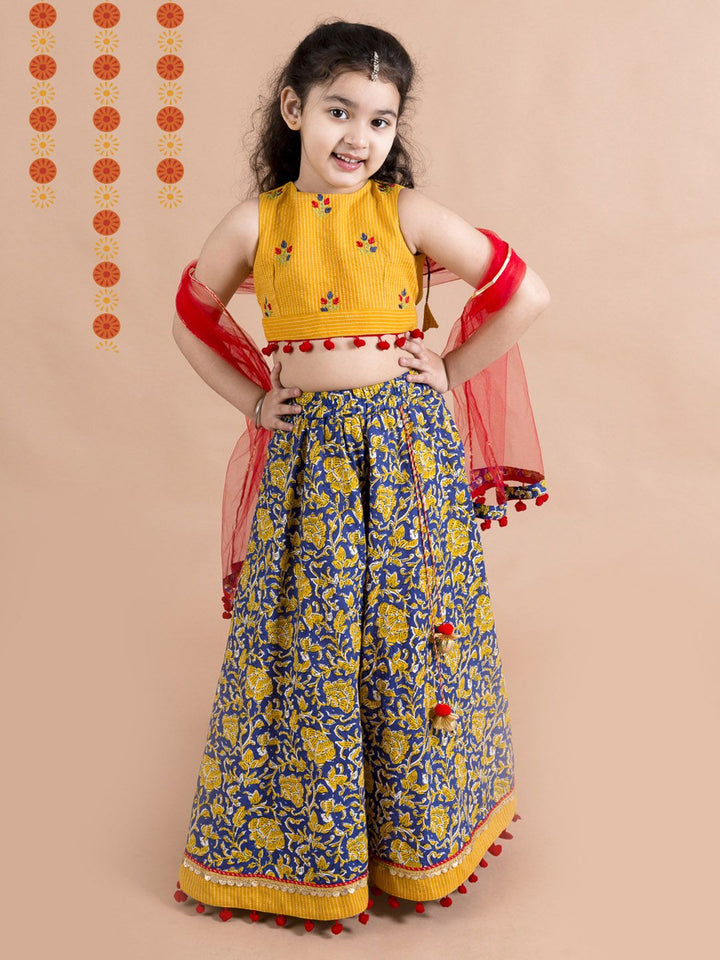 pspeaches Girls Navy Blue & Yellow Cotton Ready to Wear Lehenga & Blouse With Dupatta
