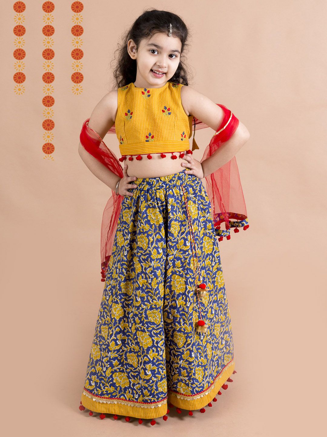 pspeaches Girls Navy Blue & Yellow Cotton Ready to Wear Lehenga & Blouse With Dupatta