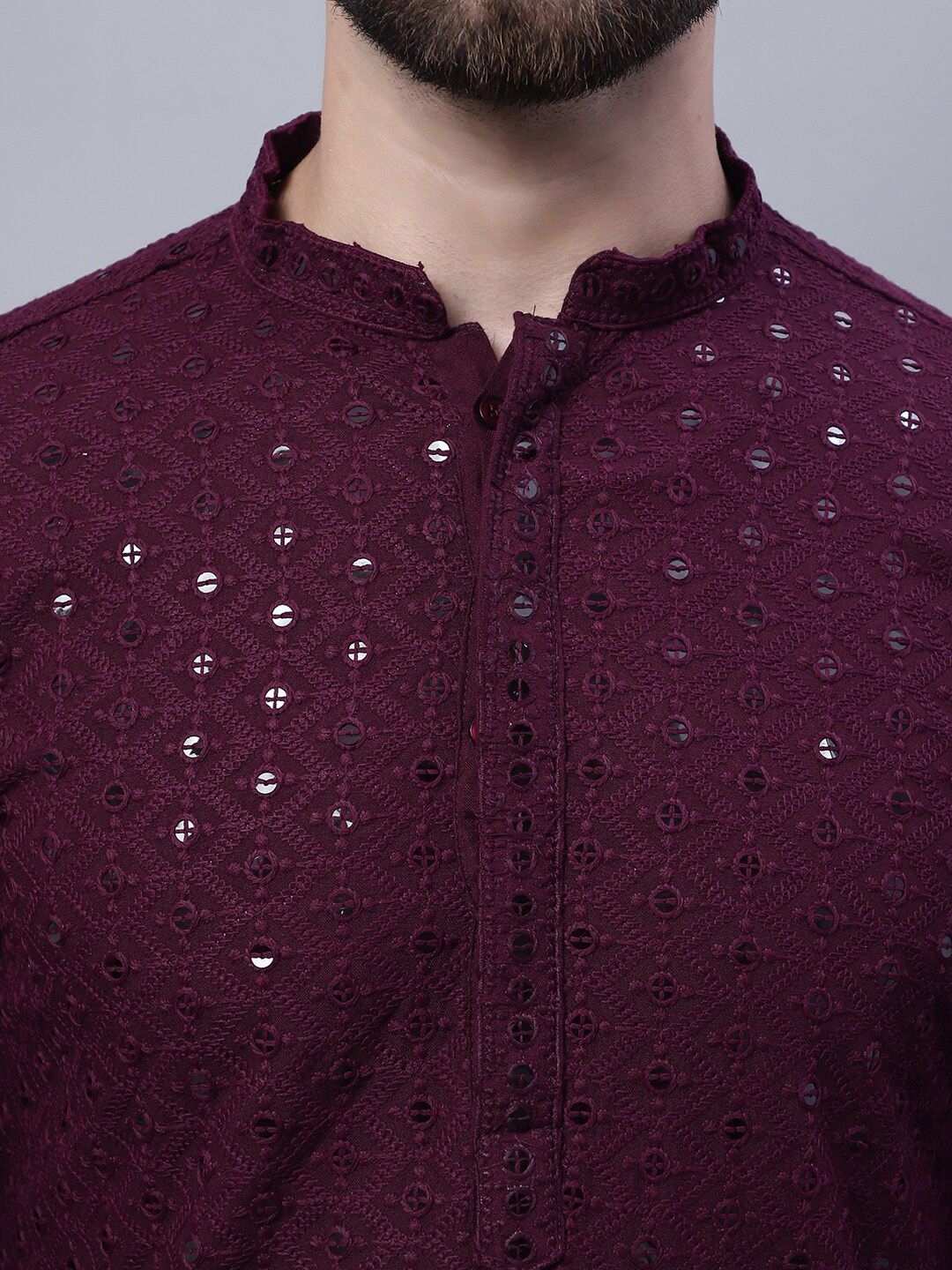 SOJANYA Mandarin Collar Embroidered Pure Cotton Kurta with Churidar & Nahru Jacket