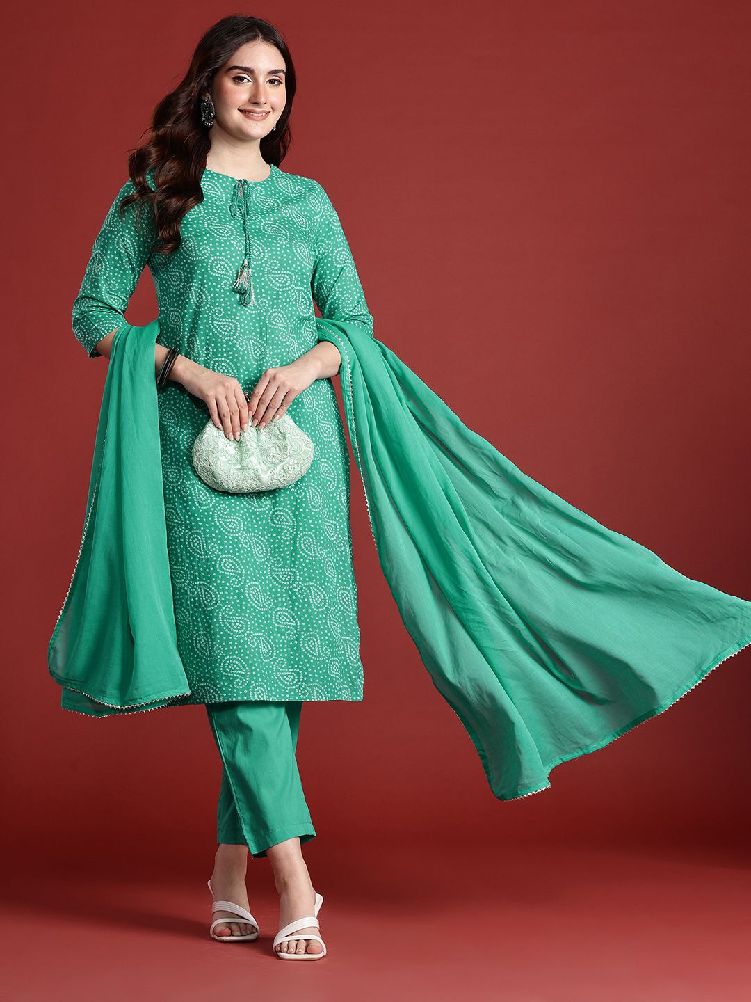 Anouk Pure Cotton Bandhani Print Kurta & Trouser With Dupatta