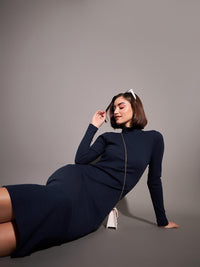 SASSAFRAS Navy Blue High Neck Long Sleeves Bodycon Midi Dress