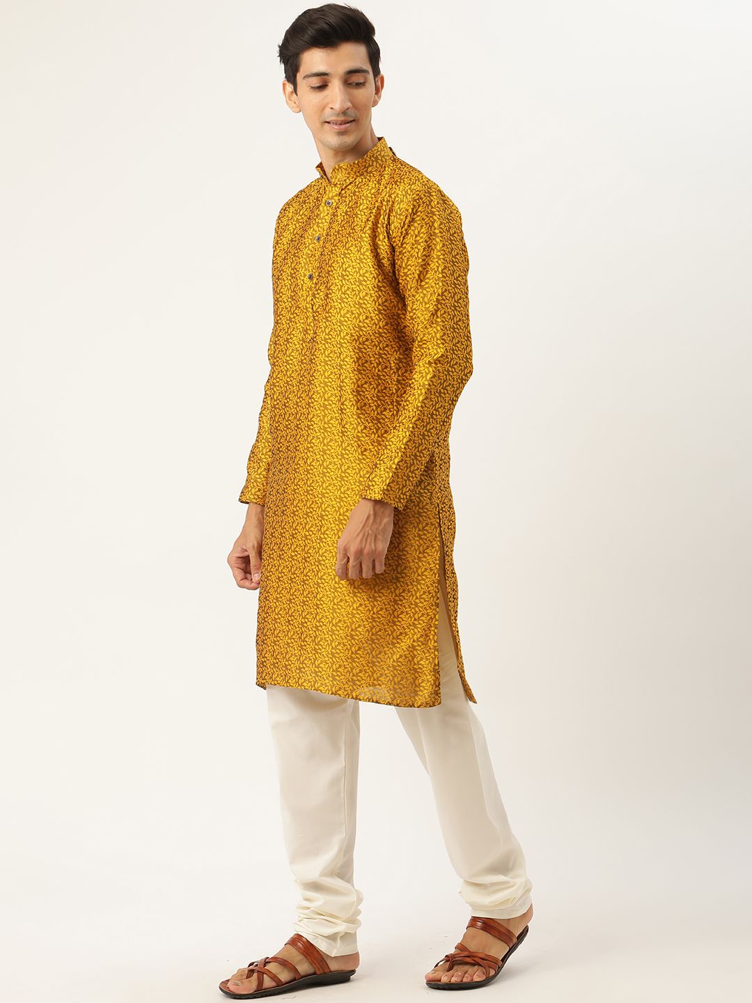 SOJANYA Men Mustard Yellow & Orange Ethnic Motifs Kurta with Churidar & Nehru Jacket
