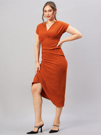 Antheaa Orange V-Neck Extended Sleeves Sheath Midi Dress