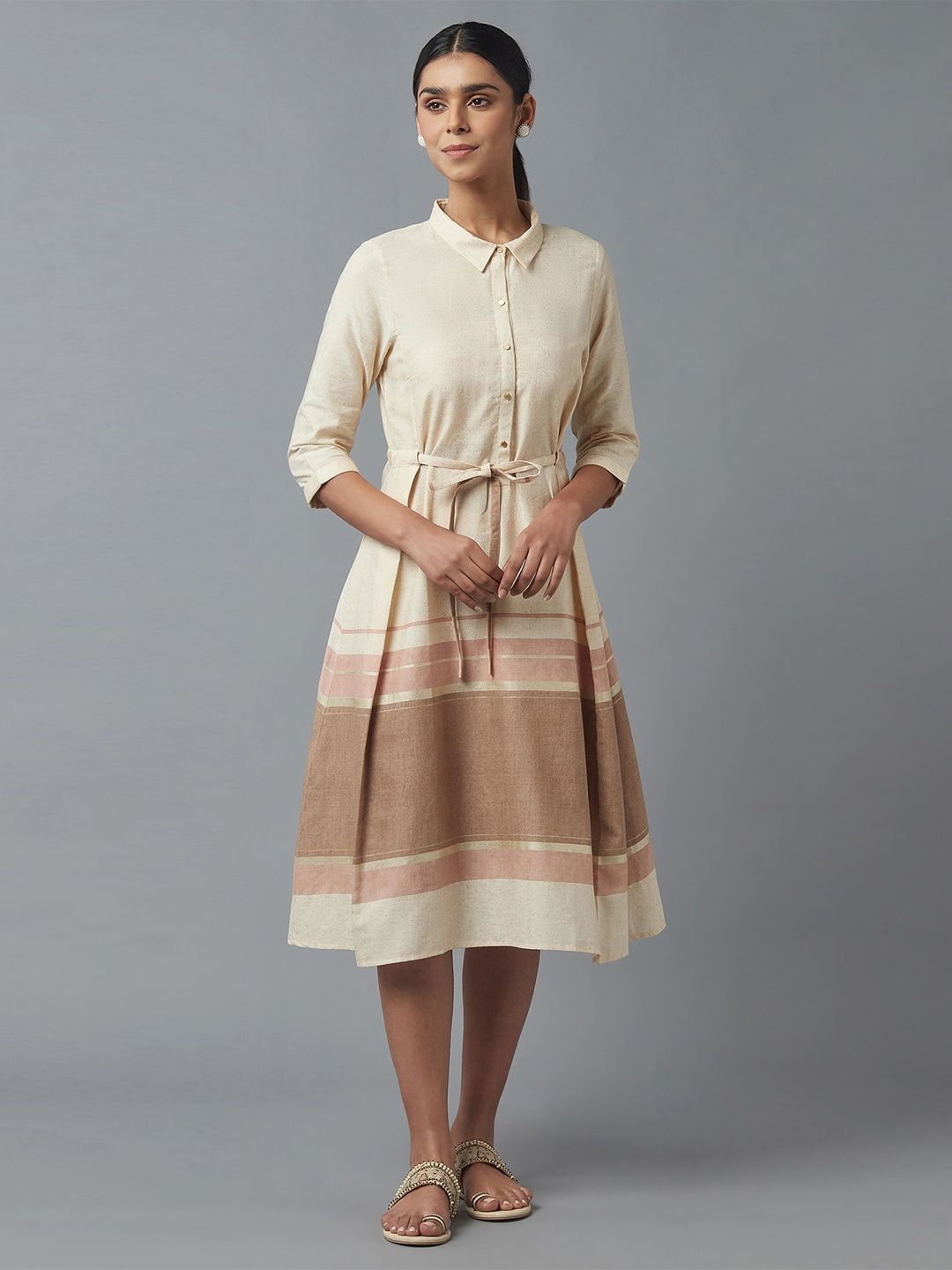 W Beige & Brown Ethnic Midi Dress