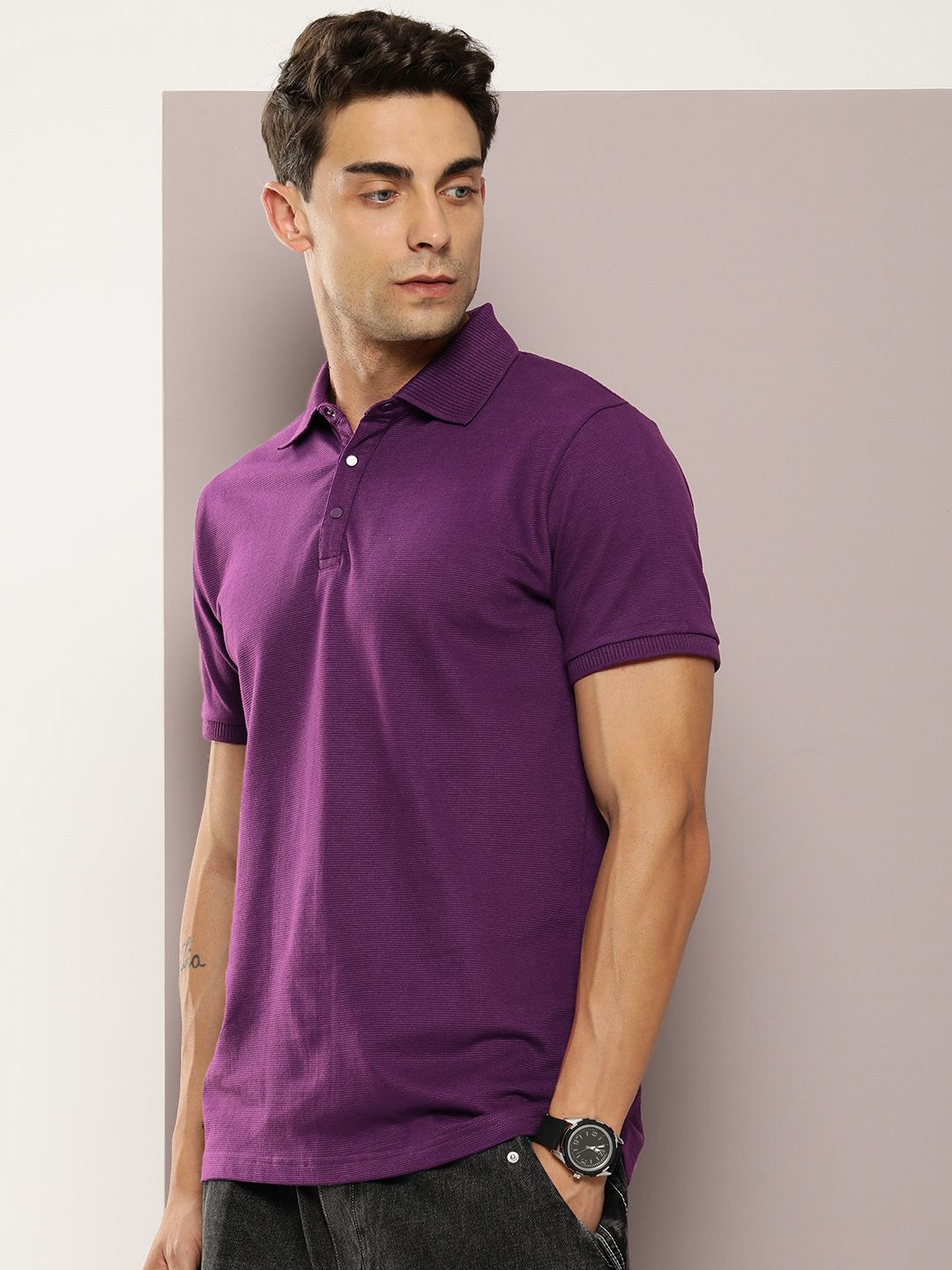 DILLINGER Men Polo Collar Honeycomb Structure T-shirt