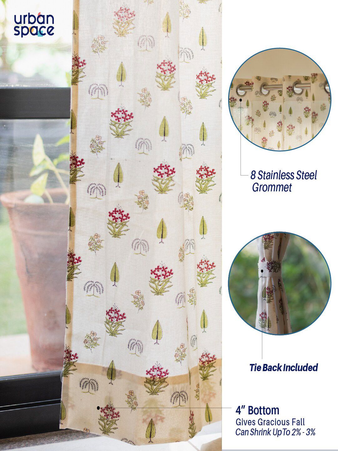 URBAN SPACE Off White & Red 2-Pieces Ethnic Motifs Printed Cotton Window Curtains