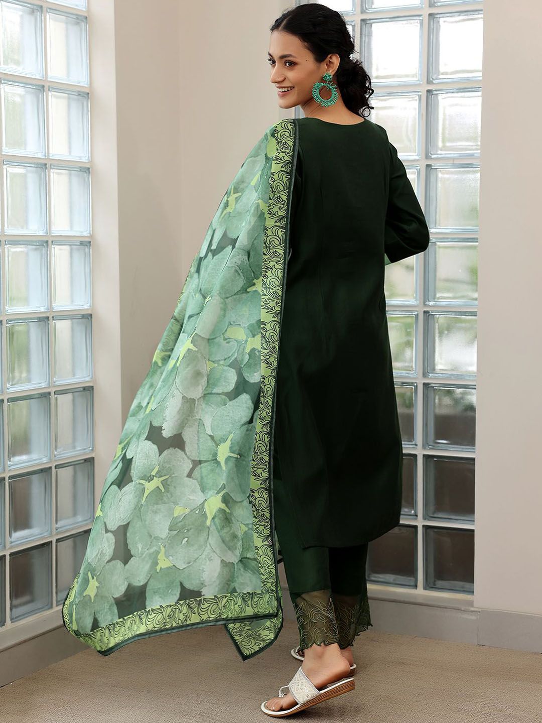 Libas Floral Yoke Design Panelled Beads and Stones Straight Kurta with Trousers & Dupatta