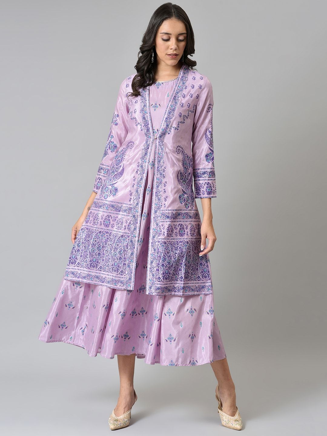 W Purple Women Floral Printed A-Line Midi Dress