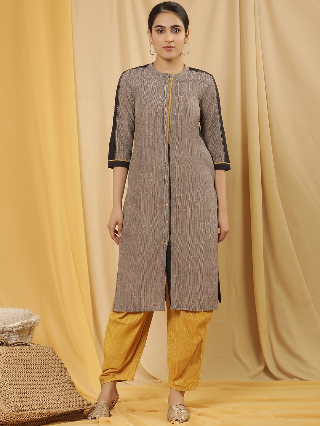 W Striped Regular Thread Work Pure Cotton Kurta with Salwar