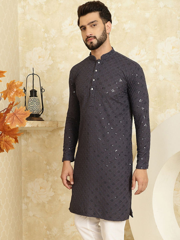 SOJANYA Men Grey Thread Work Kurta