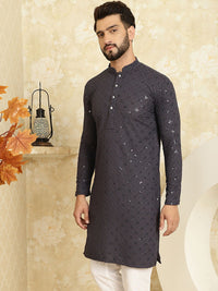 SOJANYA Men Grey Thread Work Kurta