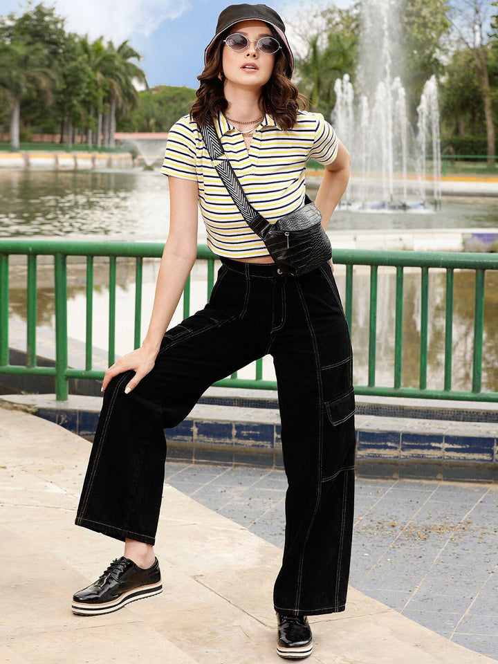 STREET 9 Black Striped Polo Collar Pure Cotton T-shirt