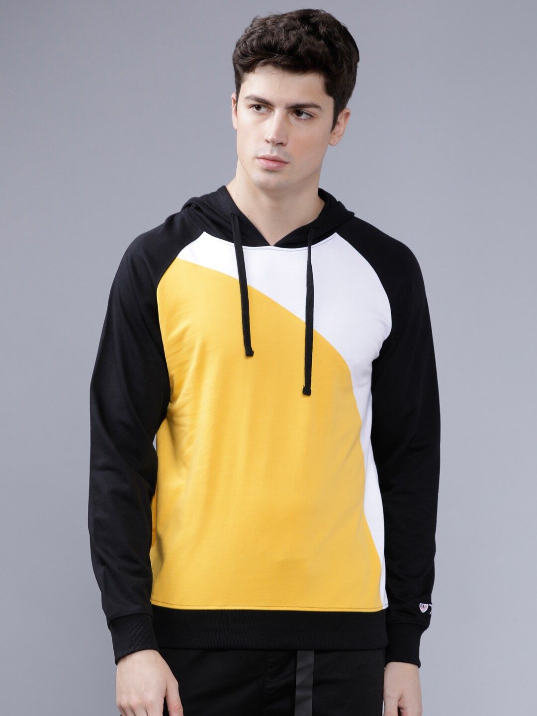 The Indian Garage Co Men Black & Yellow Colourblocked Hooded Sweatshirt