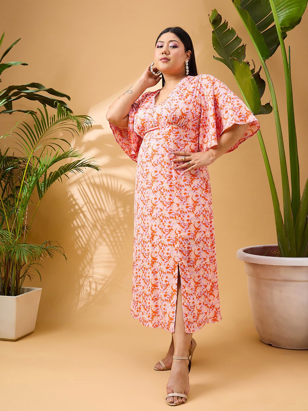 SASSAFRAS Curve Plus Size Floral Printed V-Neck Flared Sleeves Fit and Flare Midi Dress