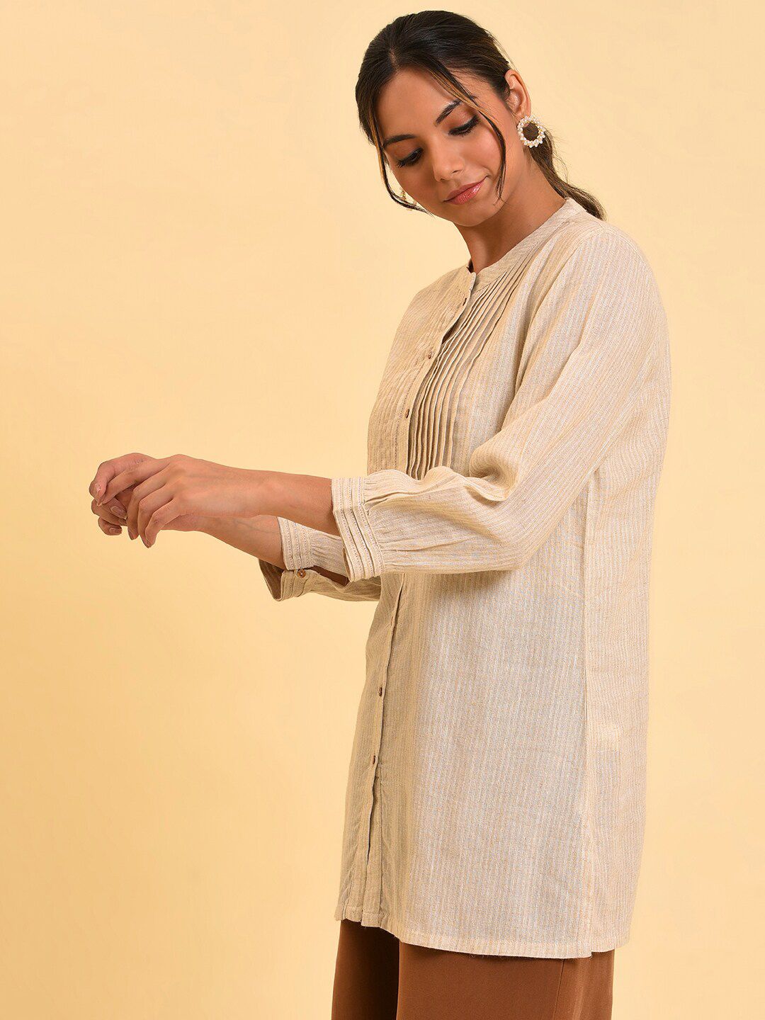 W Beige Mandarin Collar Shirt Style Top