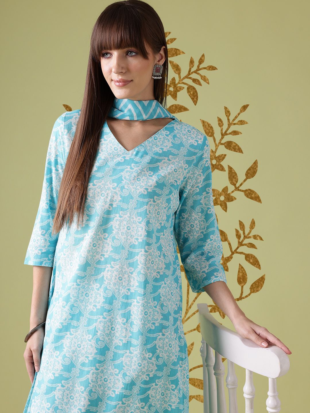 Anouk Floral Printed Pure Cotton Straight Kurta with Trousers & Dupatta