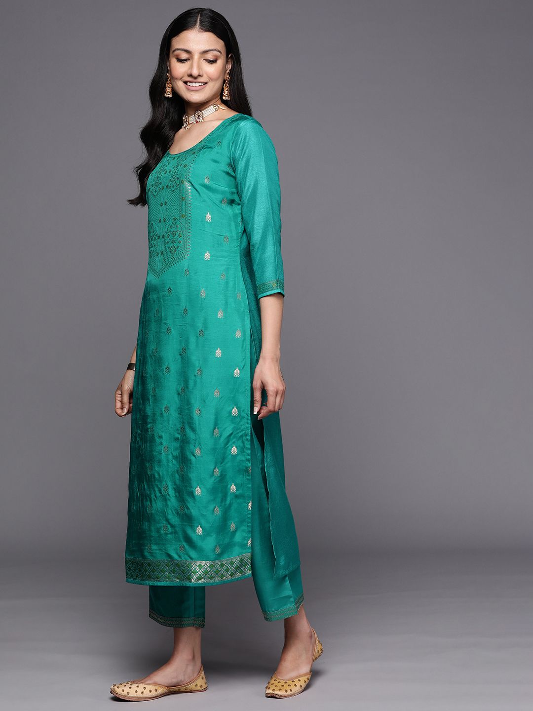 Libas Women Sea Green Floral Kurta with Trousers & With Dupatta
