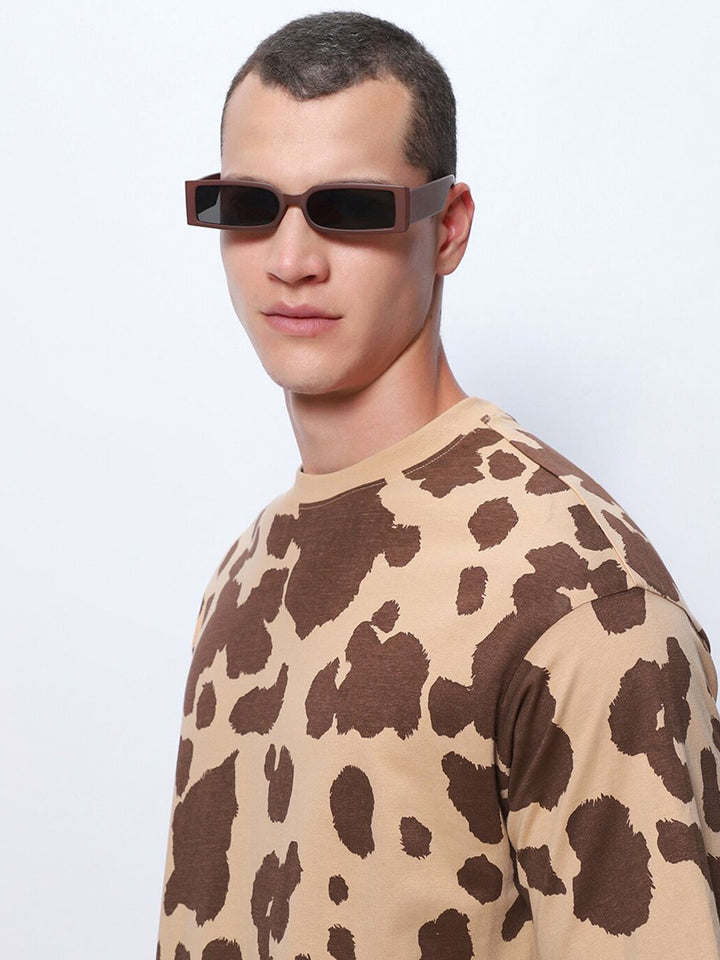Bewakoof Brown Abstract Printed Round Neck Pure Cotton Oversized T-shirt