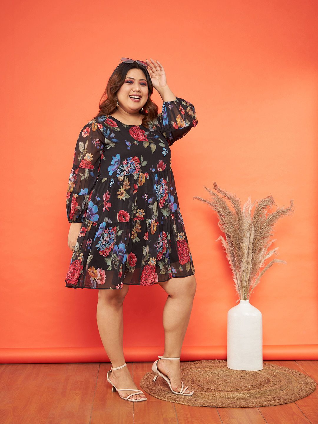 SASSAFRAS Curve Floral Printed Tiered Chiffon Dress