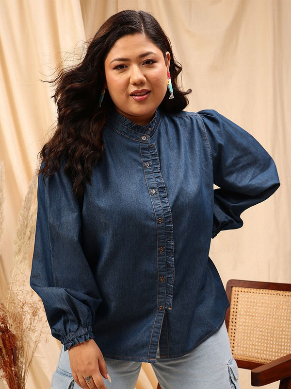 CURVY STREET Plus Size Cotton Comfort Opaque Denim Shirt