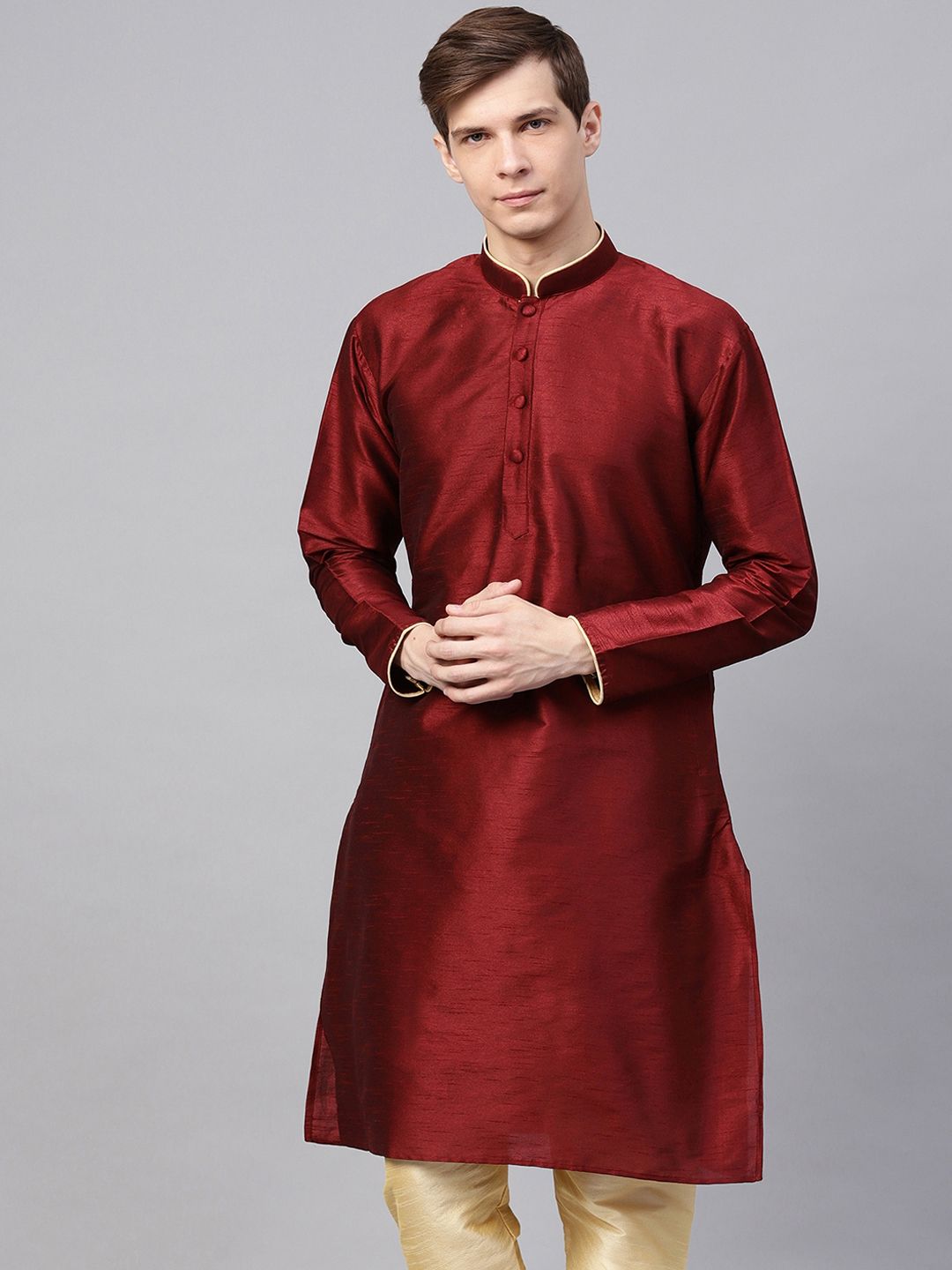 SOJANYA Men Maroon Solid Straight Kurta