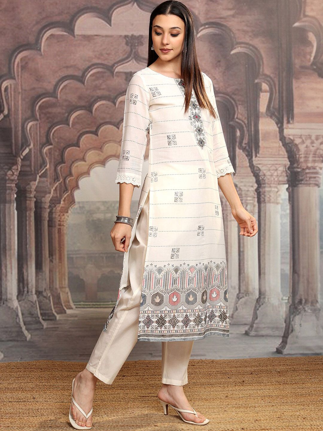 Vishudh Off White Ethnic Printed Thread Work Pure Cotton Kurta with Trousers & Dupatta