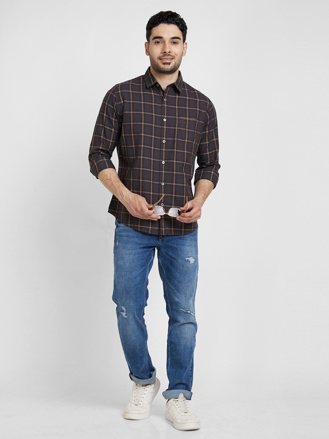 SPYKAR Classic Slim Fit Windowpane Checked Casual Cotton Shirt