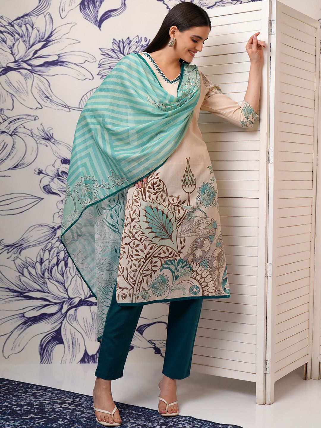 Vishudh Floral Printed Regular Sequinned Pure Cotton Kurta with Trouser & Dupatta