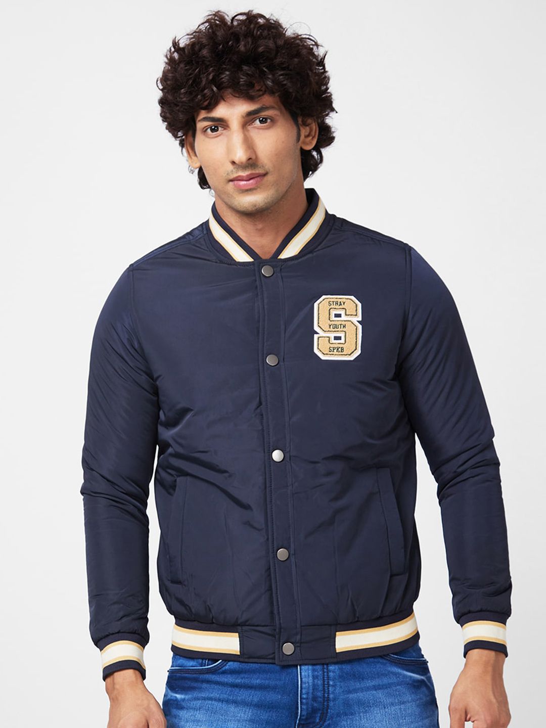 SPYKAR Stand Collar Bomber With Patchwork Jacket