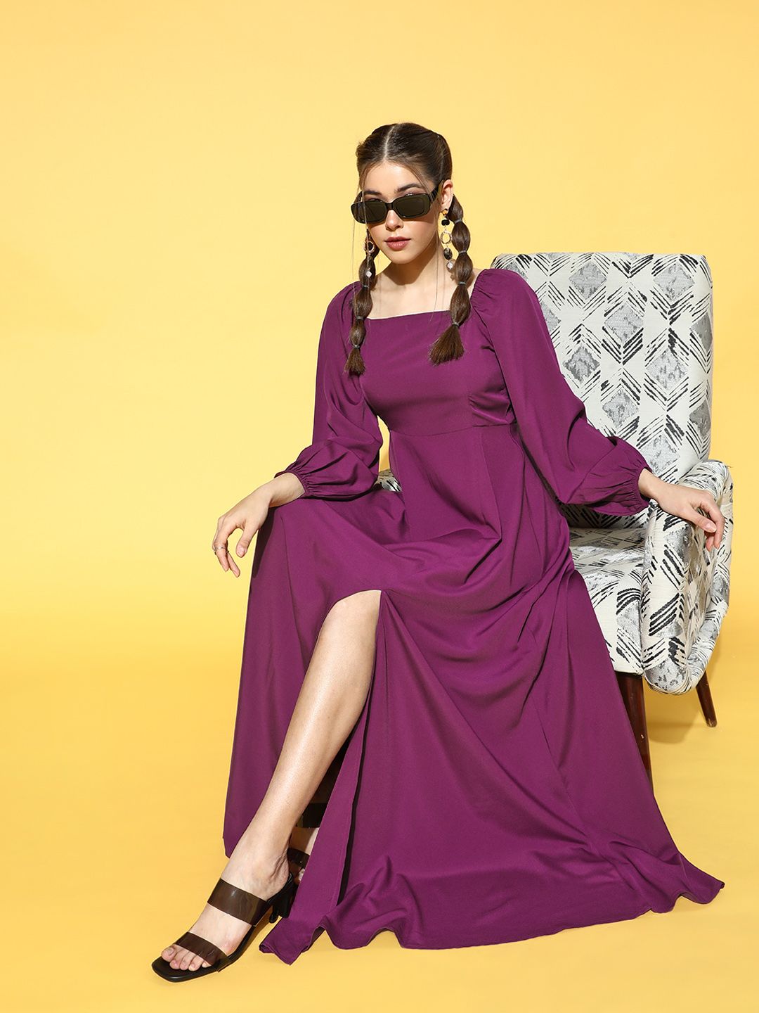 Berrylush Women Charming Purple Solid Puff Sleeves Dress