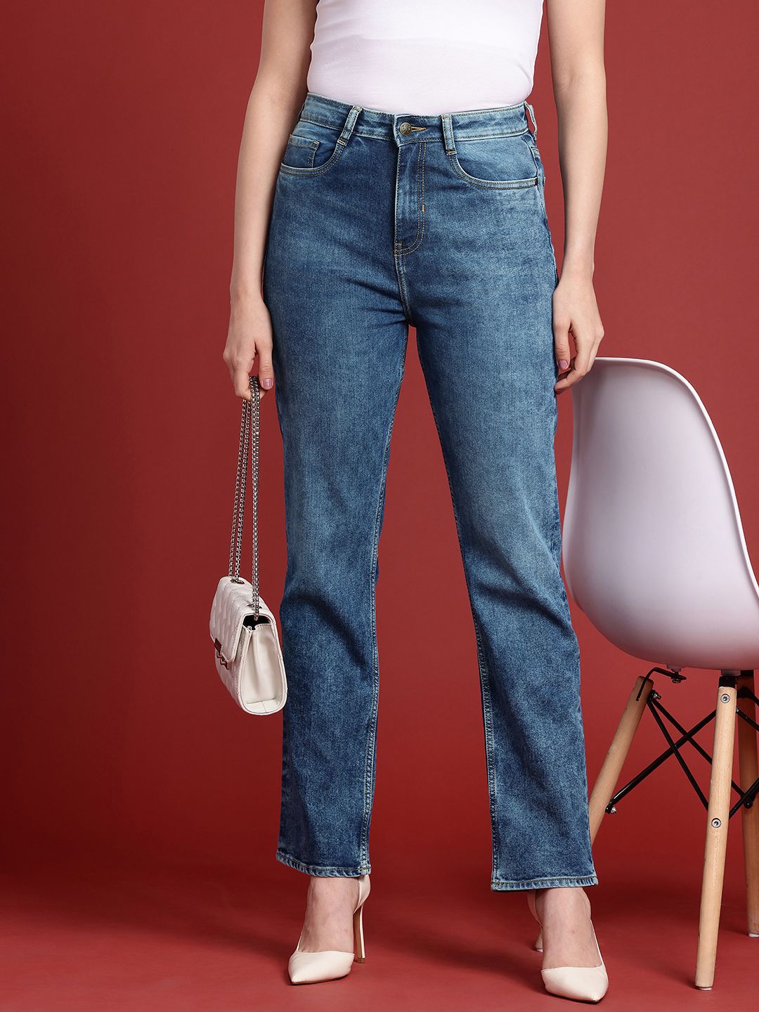 all about you Women Straight Fit High-Rise Heavy Fade Stretchable Jeans