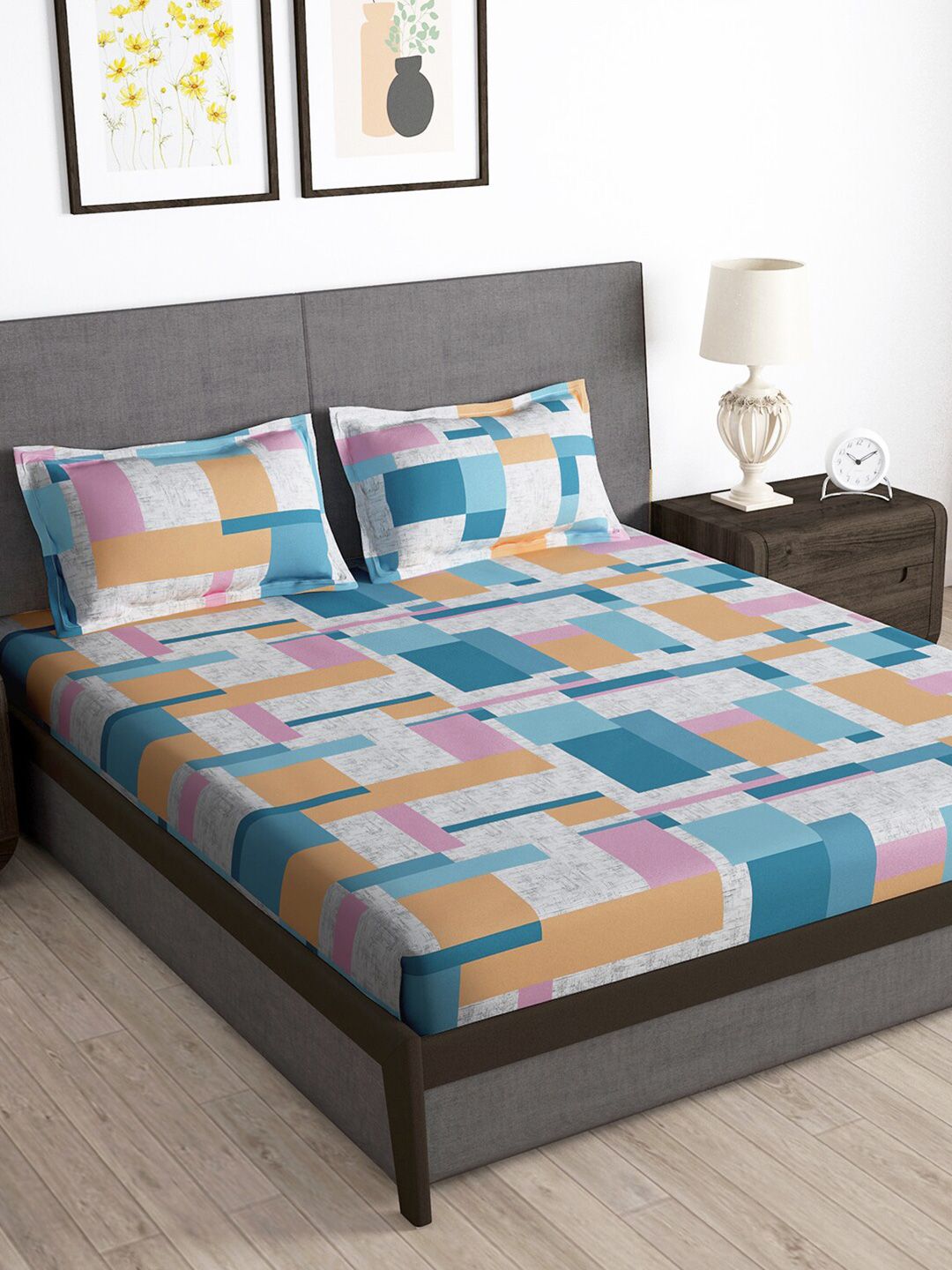 Story@home Grey & Blue 180 TC Queen Bedsheet with 2 Pillow Covers
